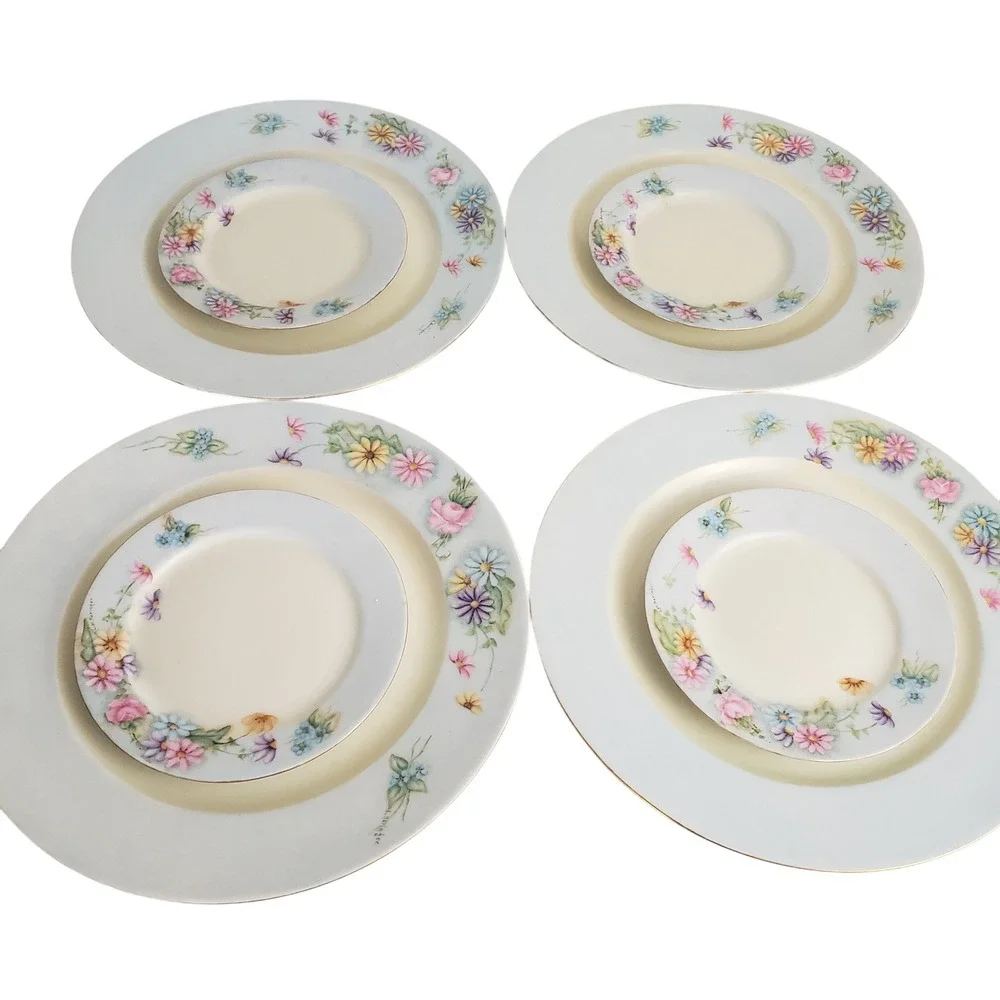 VTG Hand Painted by L.M. Baringer Dinner Plate & Salad Plate Set 4 Pastel Daisy